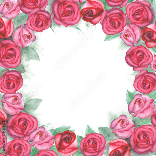 Greeting card with watercolor hand painted pink roses
