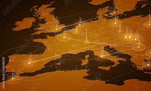 Fototapeta Wizualizacja dużych danych w pomarańczowej mapie Europy. Infografika futurystyczna mapa. Estetyka informacji. Złożoność danych wizualnych. Skomplikowana wizualizacja danych europejskich. Abstrakcyjne dane na wykresie mapy.