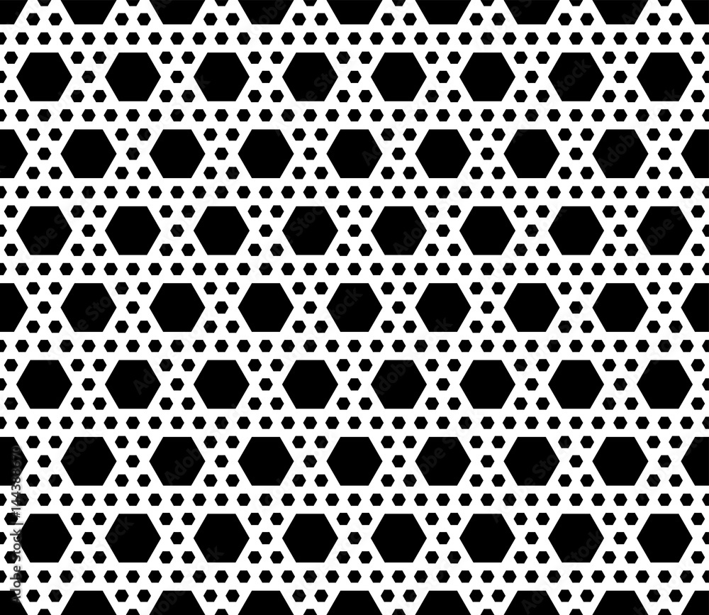 Vector monochrome texture, simple geometric black & white seamless pattern with different sized hexagons. Repeat abstract geometrical background. Modern design for textile, decor, print, textile, web