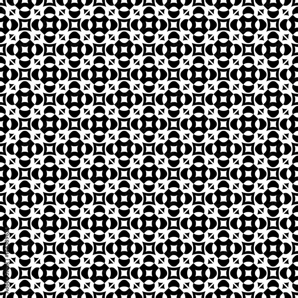 Vector seamless texture, monochrome geometric pattern with simple rounded figures, perforated squares, circles, crosses, triangles. Diagonal grid, repeat tiles. Contrast design for prints, decoration