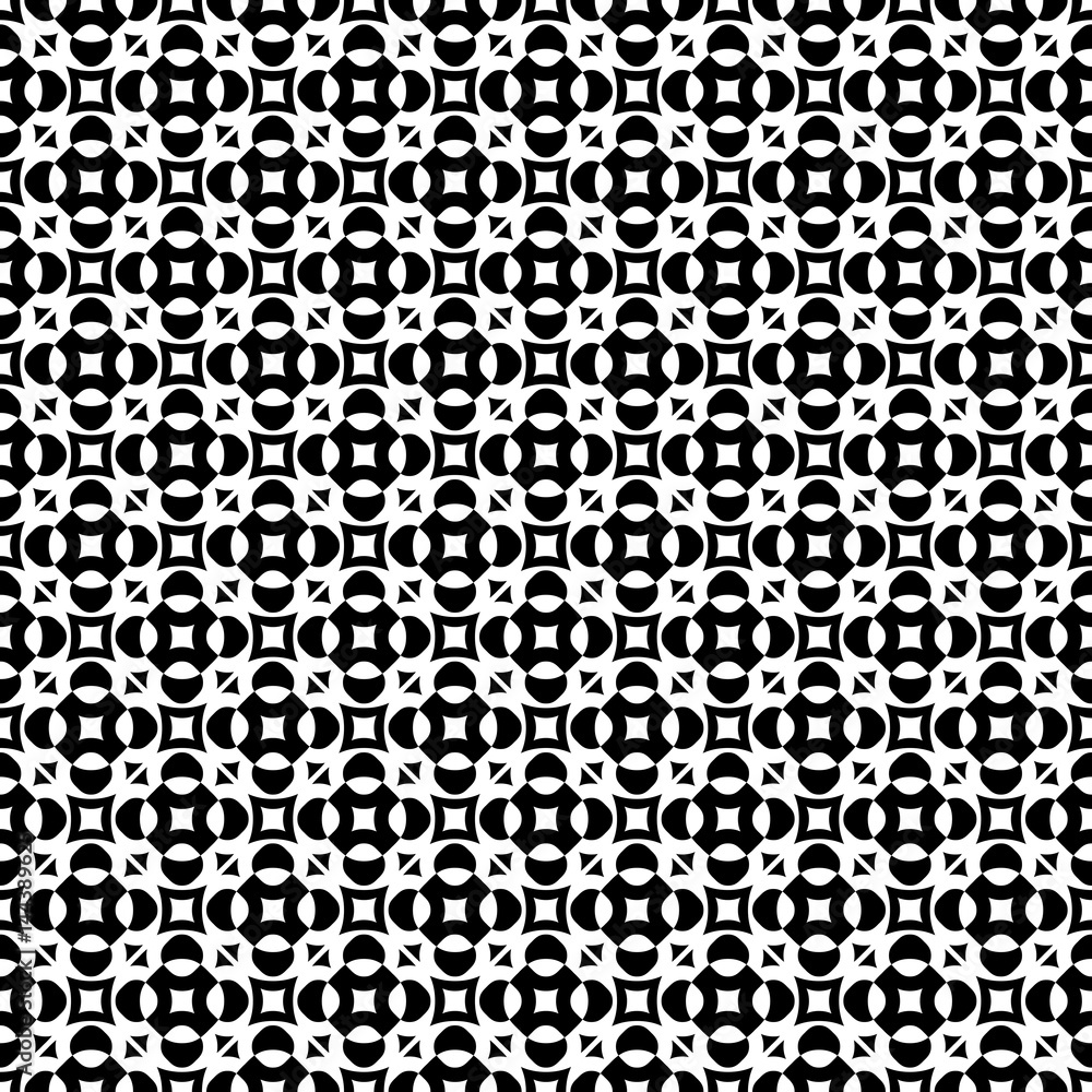 Vector seamless texture, monochrome geometric pattern with simple rounded figures, perforated squares, circles, crosses, triangles. Diagonal grid, repeat tiles. Contrast design for prints, decoration Vector seamless texture, monochrome geometric pattern with simple rounded figures, perforated squares, circles, crosses, triangles. Diagonal grid, repeat tiles. Contrast design for prints, decoration