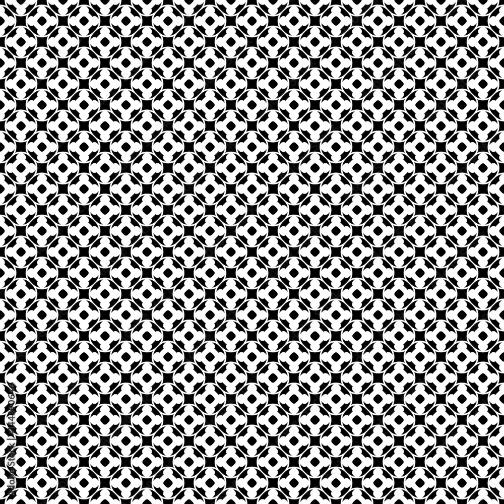 Vector monochrome seamless pattern. Abstract black & white geometric texture, simple floral figures, rounded lattice, repeat tiles. Endless ornamental background, design for decor, fabric, cloth, web