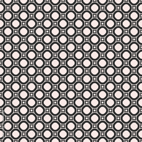 Vector monochrome repeat texture, black & white geometric seamless pattern with circles, rounded squares. Simple abstract background, old style fashion. Design for decor, textile, clothes, furniture