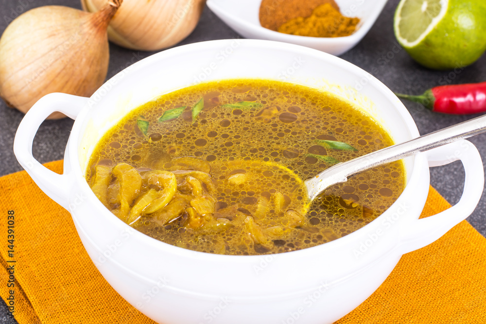 Spicy onion Indian soup with curry Spicy onion Indian soup with curry