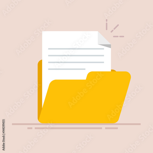 Document in the folder icon. Paper sheet with abstract text. Flat illustration isolated on color background.