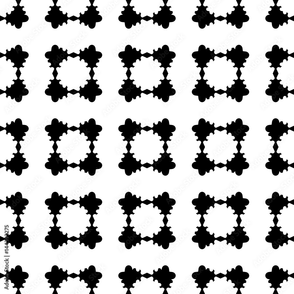 Monochrome seamless pattern, vector geometric texture, black & white abstract repeat background with rounded geometrical shapes, flat floral figures. Design element for tileable print, furniture, web 