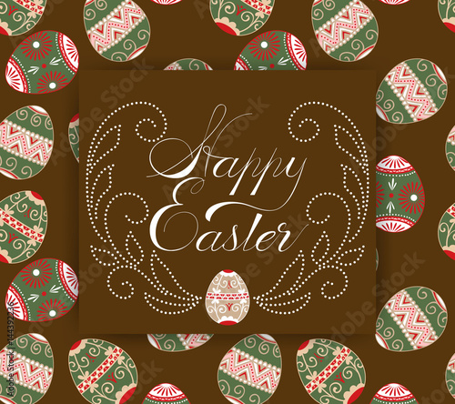 Vector Easter eggs pattern ornament with an elegant typography. Happy Easter card. Handwritten intricate calligraphy.