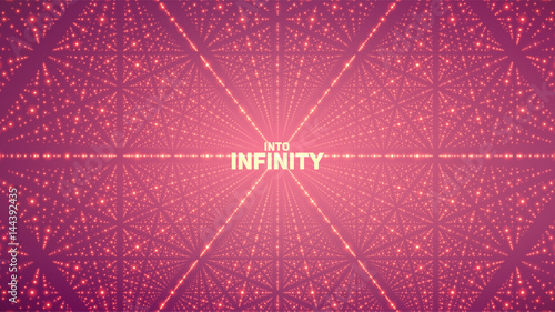 Vector infinite space background. Matrix of glowing stars with illusion of depth, perspective. Geometric backdrop with point array as lattice. Abstract futuristic universe on violet background.