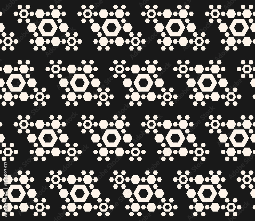 Vector monochrome seamless pattern with hexagons, molecular figures. Abstract black & white geometric texture, repeat tiles. Dark design element for prints, decor, textile, fabric, furniture, clothes