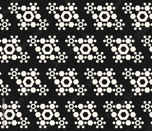 Vector monochrome seamless pattern with hexagons, molecular figures. Abstract black & white geometric texture, repeat tiles. Dark design element for prints, decor, textile, fabric, furniture, clothes