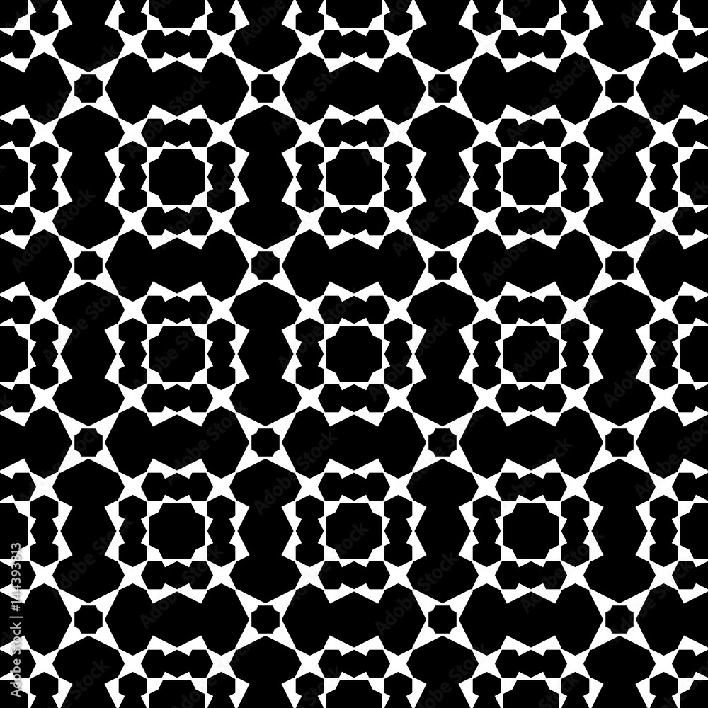 Obraz premium Vector seamless pattern, black & white geometric background with simple angled figures, polygons. Square ornamental illustration, monochrome geometrical mosaic. Abstract dark texture, repeat tiles