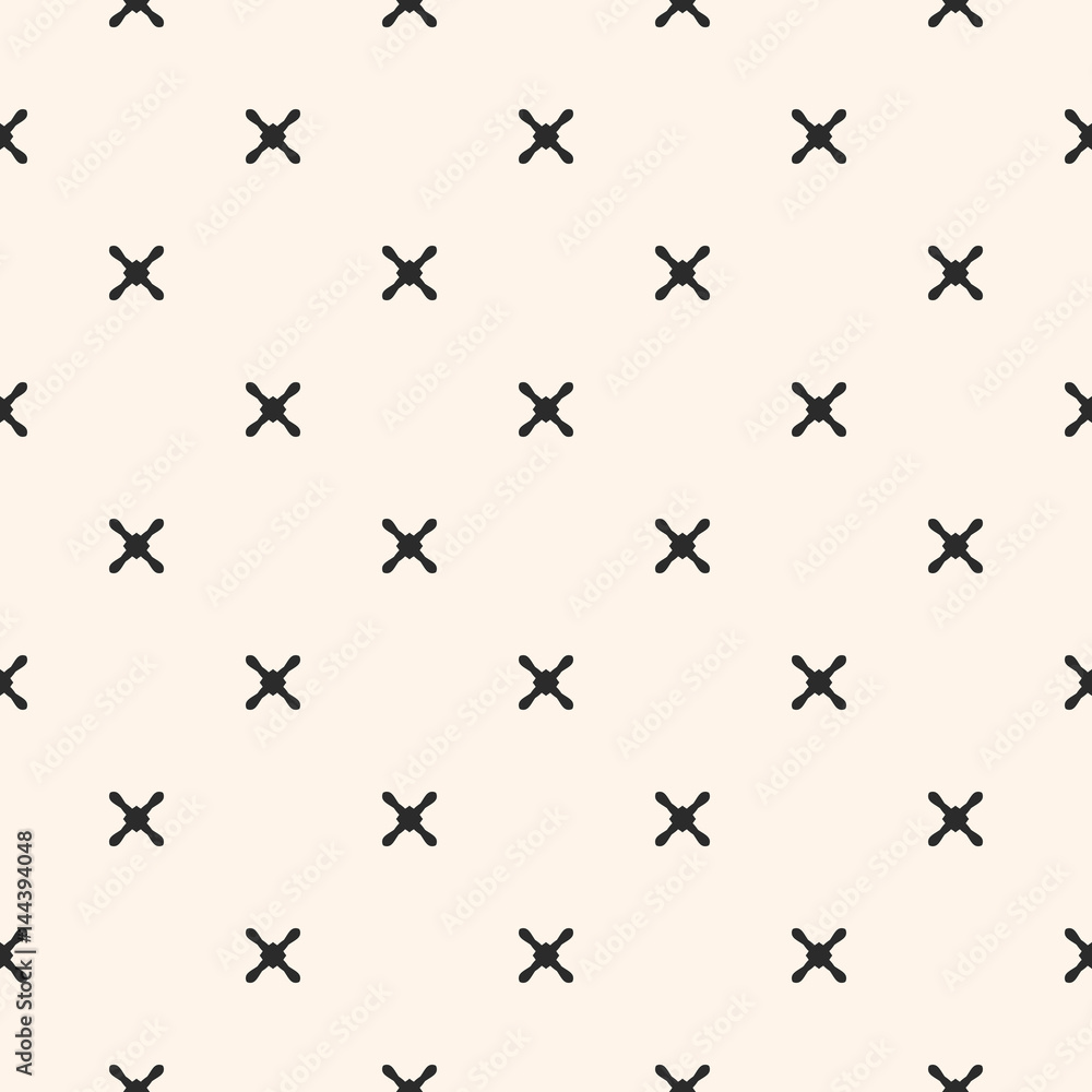 Naklejka premium Vector minimalist texture, geometric seamless pattern with small black crosses on white background. Simple abstract geometrical texture. Design element for prints, decor, textile, furniture, fabric