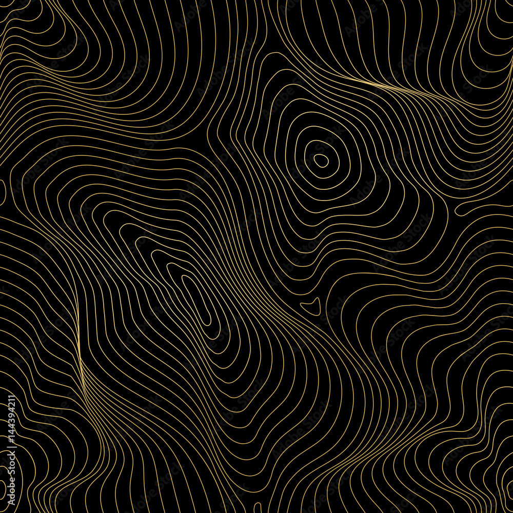 Vector golden texture, gold lines seamless pattern, curved metal background with 3D visual effect. Abstract dynamic surface, illusion of movement, curvature. Stylish dark design for prints, digital