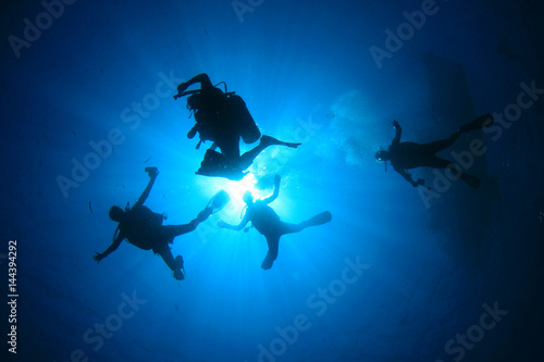 Scuba dive. Underwater group of scuba divers in sea
