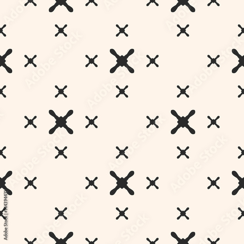 Vector minimalist seamless pattern, texture with black different sized crosses on white background. Abstract geometric design. Monochrome element for printing, embossing, decor, textile, digital, web