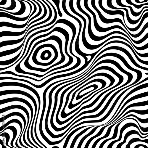 Vector monochrome seamless pattern  curved lines  striped black   white background. Abstract dynamical rippled texture  3D visual effect  illusion of movement  curvature. Pop art design  repeat tiles