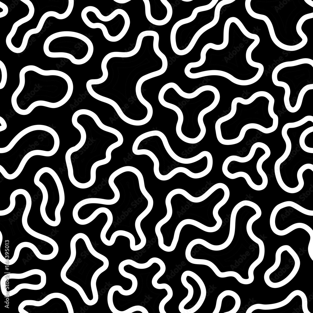 Vector seamless pattern with abstract spots. Black & white texture with curved outline figures. Monochrome camouflage illustration. Dark repeat background. Design for prints, decor, digital, fabric