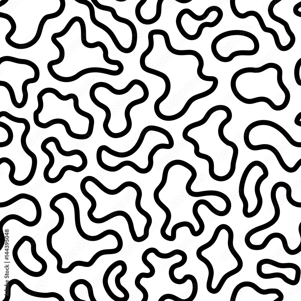Vector seamless pattern with abstract spots. Black & white texture with curved outline figures. Monochrome camouflage illustration. Repeat background. Design for prints, decor, digital, web, furniture