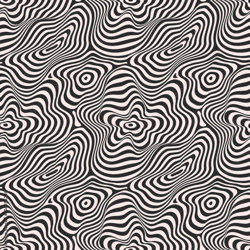 Vector monochrome seamless pattern, curved lines, smooth stripes, black & white background. Abstract dynamical crumpled texture, 3D visual effect, illusion of movement. Original design, repeat tiles