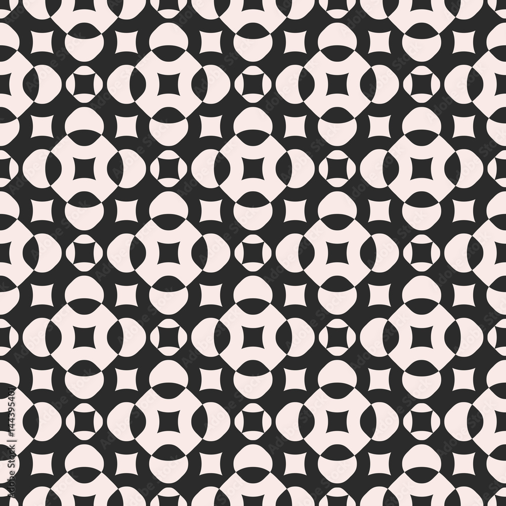 Seamless pattern, vector geometric abstract texture, monochrome illustration with simple geometrical shapes, smooth squares, crosses, circles. Design element for decor, tileable print, furniture, web Seamless pattern, vector geometric abstract texture, monochrome illustration with simple geometrical shapes, smooth squares, crosses, circles. Design element for decor, tileable print, furniture, web