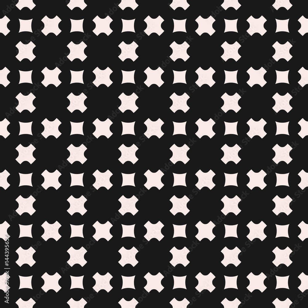 Vector seamless pattern, stylish monochrome geometric texture with smooth small crosses & squares, staggered grid. Abstract dark repeat background for tileable print, covers, textile, package, cloth Vector seamless pattern, stylish monochrome geometric texture with smooth small crosses & squares, staggered grid. Abstract dark repeat background for tileable print, covers, textile, package, cloth