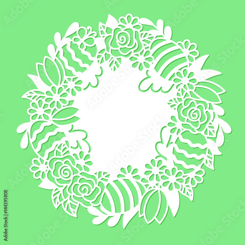 Openwork wreath with flowers and painted Easter eggs. Laser cutting vector template suitable for greeting cards  invitations  decoration of the interior.