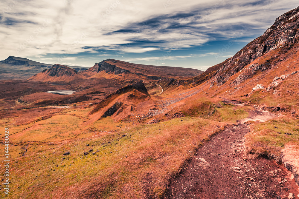 Wonderful view from Quiraing to valley in Scotland, UK Wonderful view from Quiraing to valley in Scotland, UK