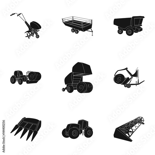 Set of pictures about agricultural machinery. Cars to robots to the ground.Agricultural Machinery icon in set collection on black style vector symbol stock illustration.