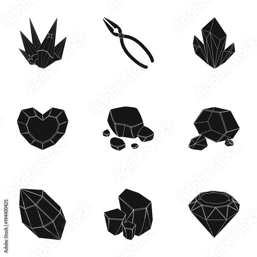 A set of jewelry, crystals, minerals and expensive metals. The jeweler inspects the ornaments.Precious minerals amd jeweler icon in set collection on black style vector symbol stock illustration.