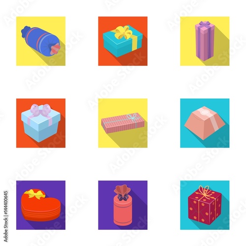 A set of pictures gifts. Gifts for different holidays, surprises. Gift packaging.Gifts and cert icon in set collection on flat style vector symbol stock illustration.