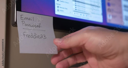 A person removes Post-It password reminders from a computer monitor.	 	