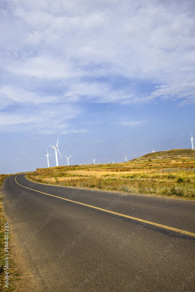 Fototapeta premium Asphalt road and wind turbines