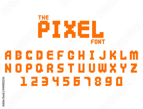 Pixel retro font video computer game design 8 bit letters numbers electronic futuristic style vector abc typeface digital creative alphabet isolated