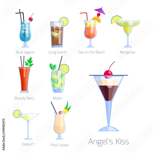 Set of alcoholic cocktails isolated fruit cold drinks tropical cosmopolitan freshness collection and party alcohol sweet tequila vector illustration.