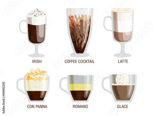 Set of different transparent cups of coffee types mug with foam beverage and breakfast morning sign tasty aromatic glass assortment vector illustration.