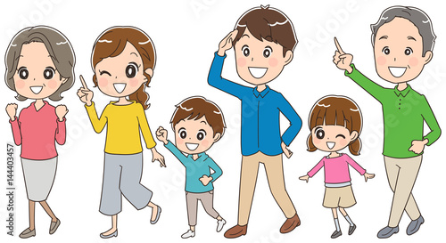 歩いている三世代家族のイラスト