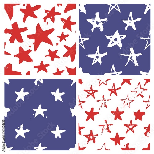Set of hand drawn paint seamless pattern with stars brush drawing. Grunge Vector art illustration. Independence Day USA background