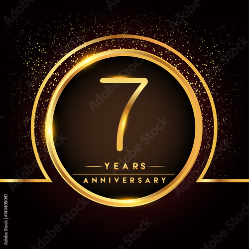 seven years birthday celebration logotype. 7th anniversary logo with confetti and golden ring isolated on black background, vector design for greeting card and invitation card.