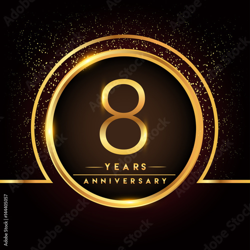 eight years birthday celebration logotype. 8th anniversary logo with confetti and golden ring isolated on black background, vector design for greeting card and invitation card.