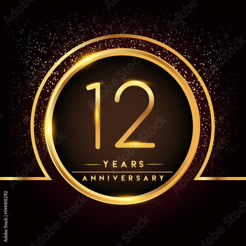 twelve years birthday celebration logotype. 12th anniversary logo with confetti and golden ring isolated on black background, vector design for greeting card and invitation card.