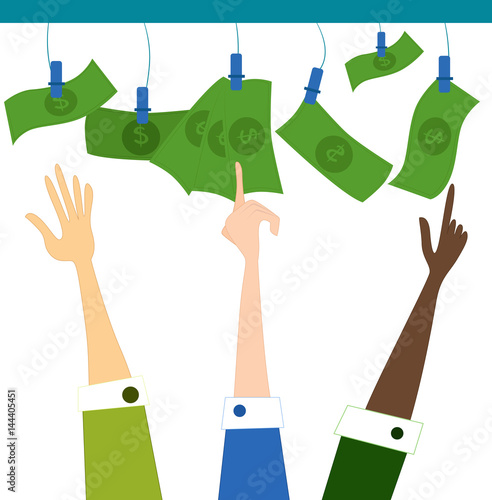 Hand reaching and pointing toward the money. Vector cartoon illustration.