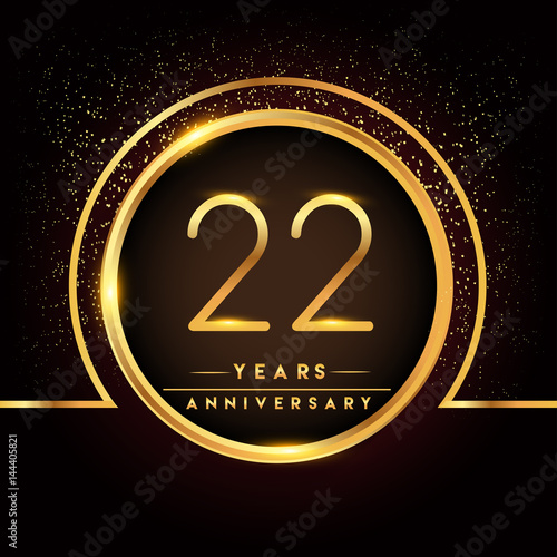 twenty two years birthday celebration logotype. 22nd anniversary logo with confetti and golden ring isolated on black background, vector design for greeting card and invitation card.