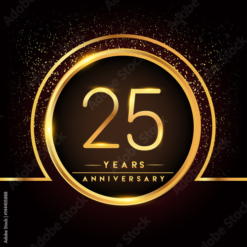 twenty five years birthday celebration logotype. 25th anniversary logo with confetti and golden ring isolated on black background, vector design for greeting card and invitation card.
