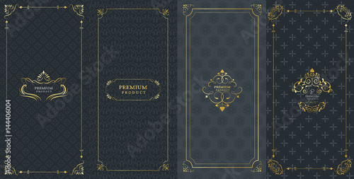 Collection of design elements, labels,icon and frames for packaging and design of luxury products.Made with golden foil Isolated on black background. vector illustration