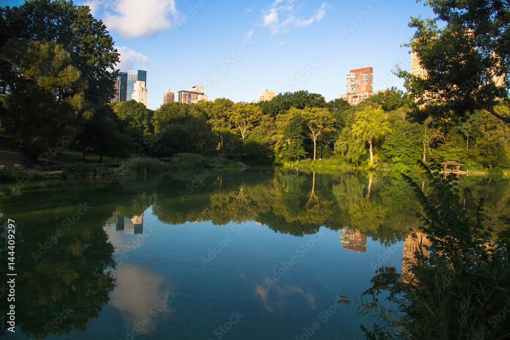 Buildings in Manhattan and trees reflect on the lake at Central Park