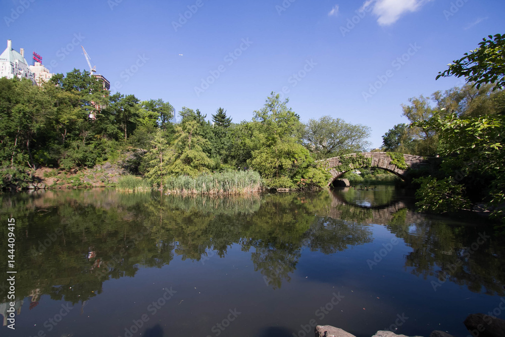 Trees and Gapstow bridge over the reflective lake with blue sky at Central Park