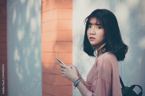 Portrait of vietnam high school teen beautiful girl happy in vintage style