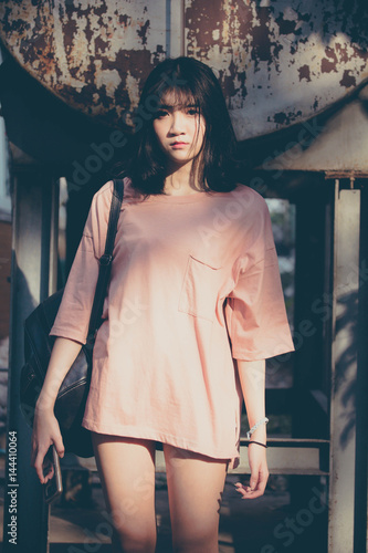 Portrait of vietnam high school teen beautiful girl happy in vintage style