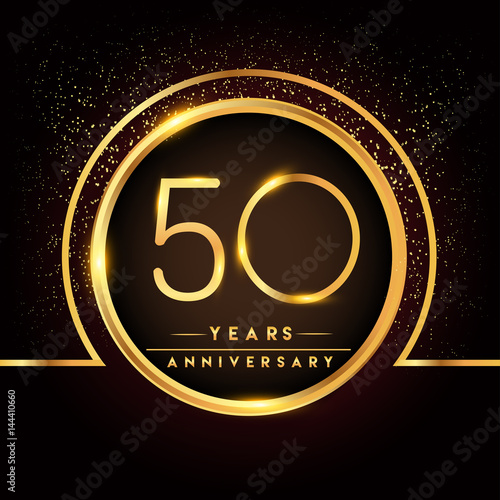 fifty years birthday celebration logotype. 50th anniversary logo with confetti and golden ring isolated on black background, vector design for greeting card and invitation card.