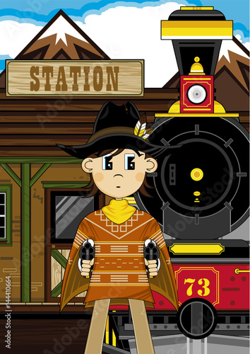 Cartoon Cowboy at Train Station